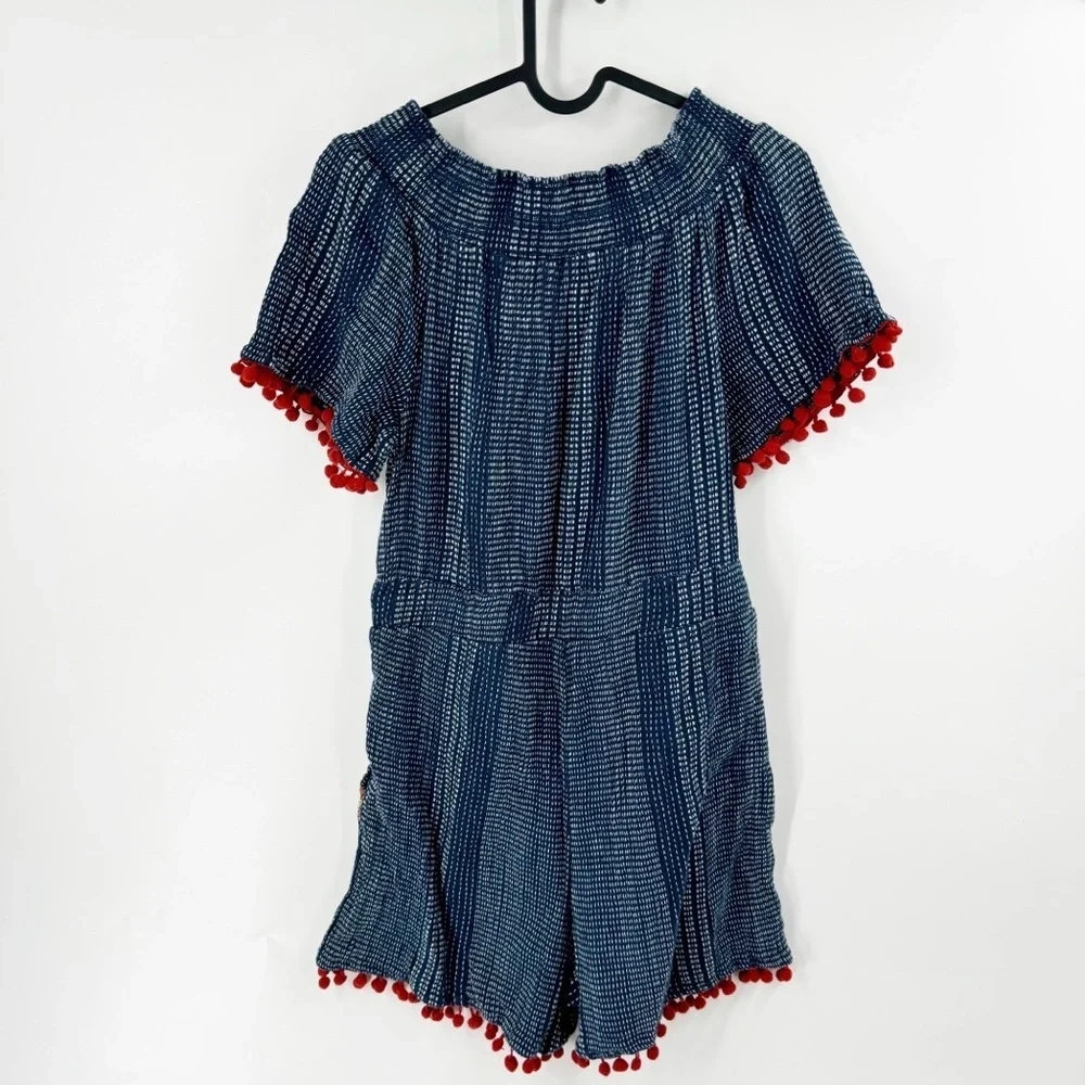 ✅ THML BLUE Romper with‎ COLORFUL Pompon Size SMALL ON/OFF SHOULDER BOHO - Picture 2 of 4